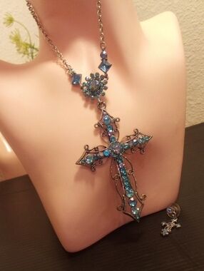 Blue Crystal Cross Pendant Necklace and Earring Set